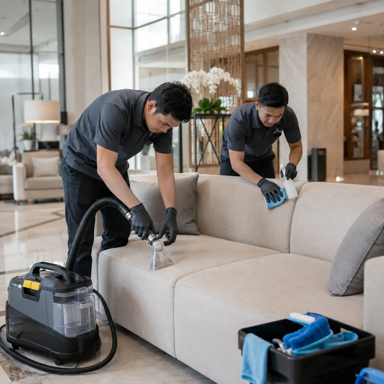 Sofa Lobby Hotel Kembali Elegan Setelah Dibersihkan Bersihia